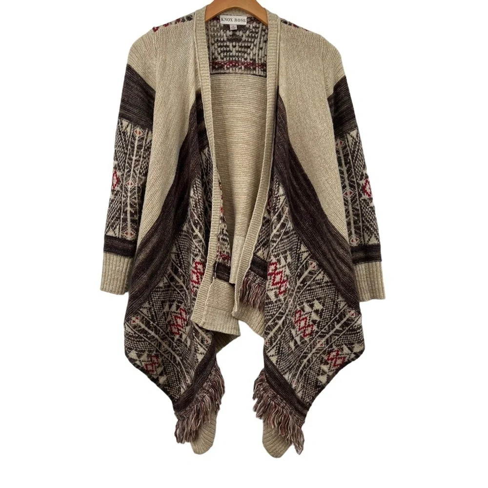 Knox Rose Cardigan Sweater Womens Medium‎ Tan Beige Knit Boho Waterfall Fringe